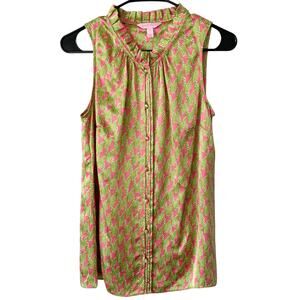 LILLY PULITZER Silk Crissa Blouse Button Front Ruffle Lime Green Pink Size 6